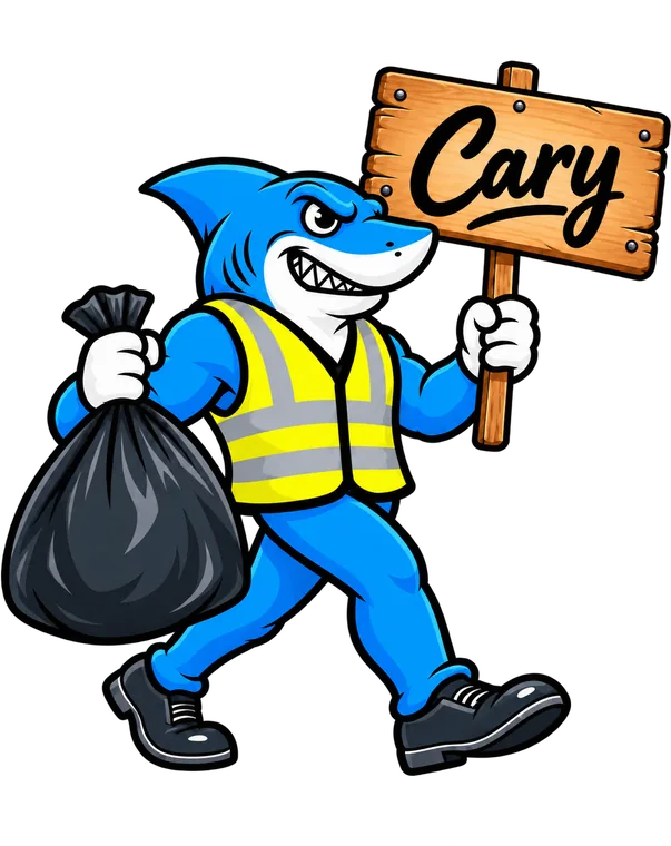 Southeast Aquatics Trash mascot holding a Cary sign