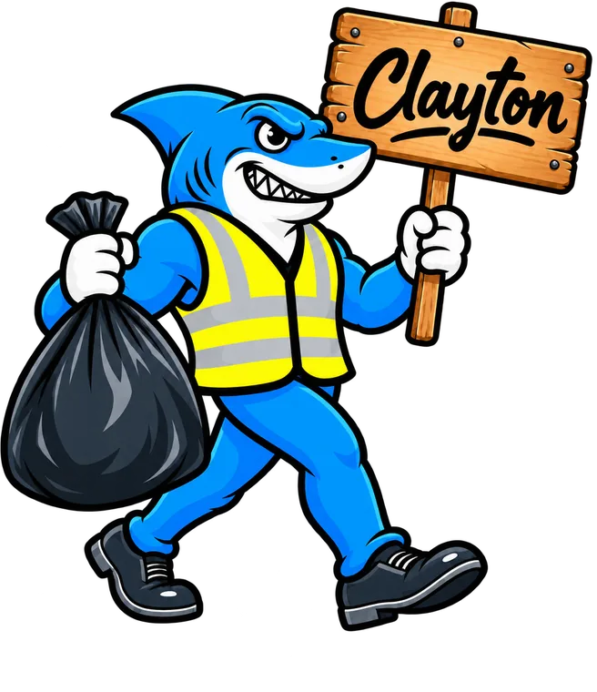 Southeast Aquatics Trash mascot holding a Clayton sign