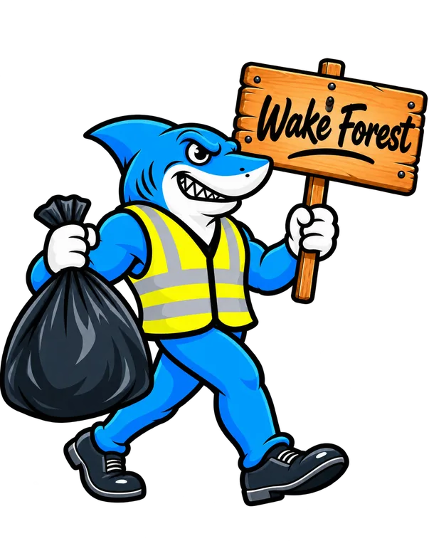 Southeast Aquatics Trash mascot holding a Wake Forest sign